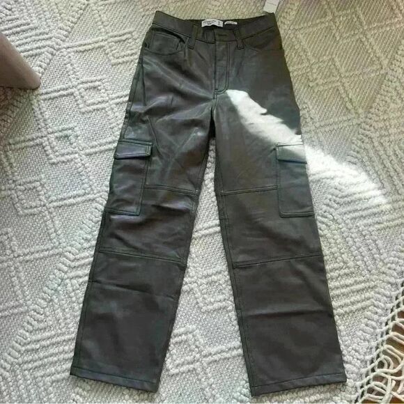 Abercrombie Fitch Vegan Leather 90s Straight Ultra High Rise Pant Gray - Picture 3 of 7